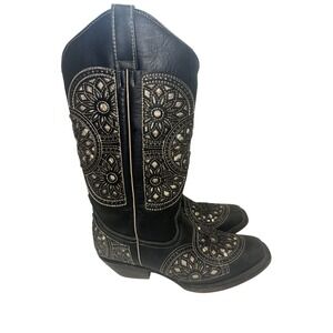 Womens Black Embellished‎ Square Toe Cowboy Boots Western Style Size Unknown